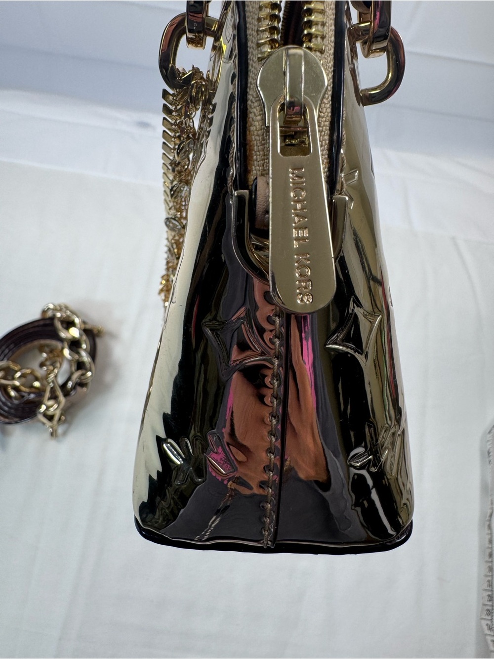 Michael Kors Mini Metallic Gold Crossbody Satchel Bag Tassel - Picture 10 of 12